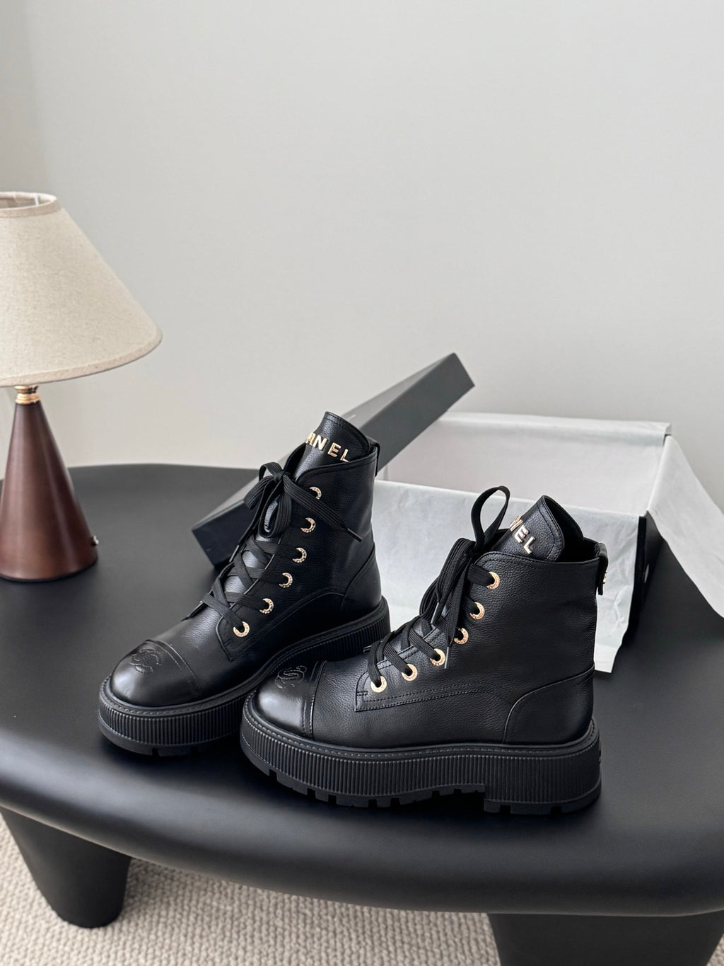 Grained Calfskin Shiny Calfskin Lace Up Combat Boots Black