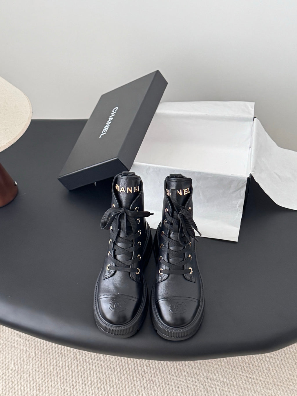 Grained Calfskin Shiny Calfskin Lace Up Combat Boots Black