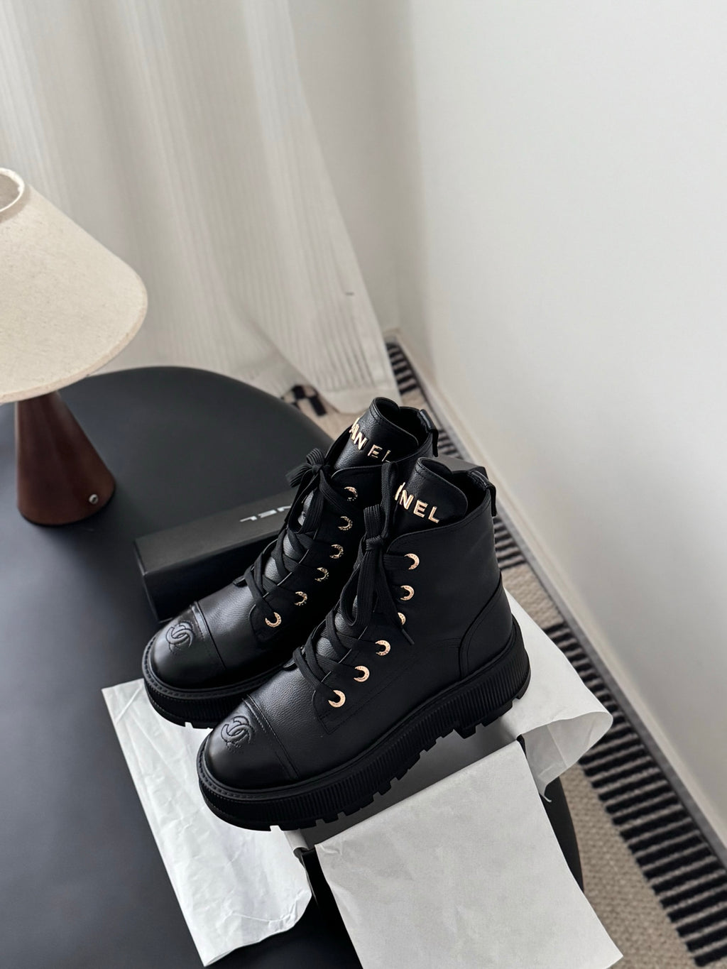 Grained Calfskin Shiny Calfskin Lace Up Combat Boots Black