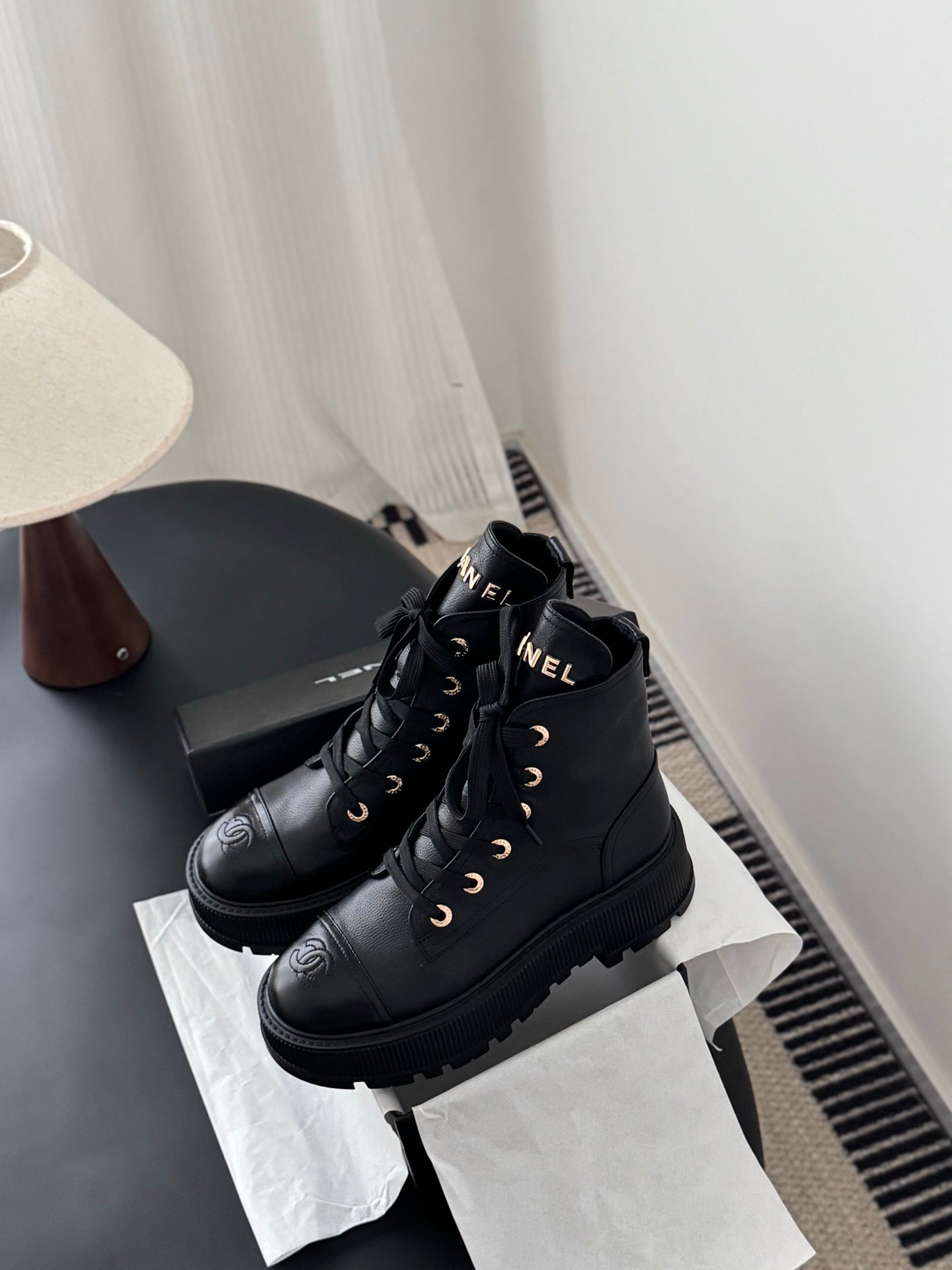 Grained Calfskin Shiny Calfskin Lace Up Combat Boots Black
