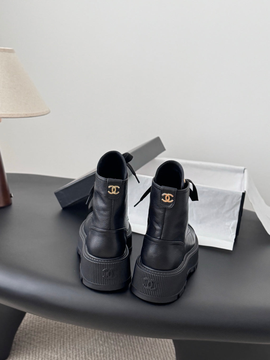 Grained Calfskin Shiny Calfskin Lace Up Combat Boots Black