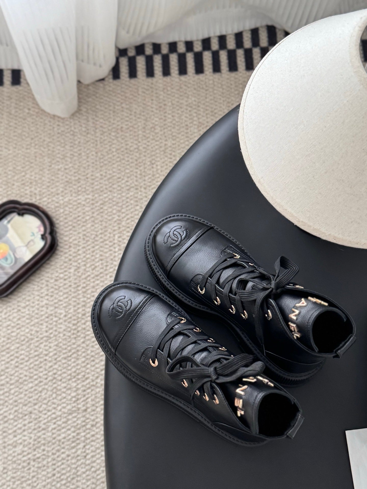 Grained Calfskin Shiny Calfskin Lace Up Combat Boots Black