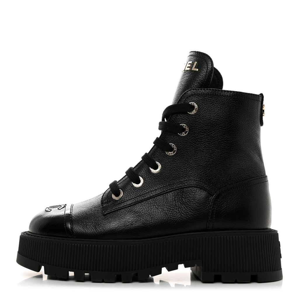 Grained Calfskin Shiny Calfskin Lace Up Combat Boots Black