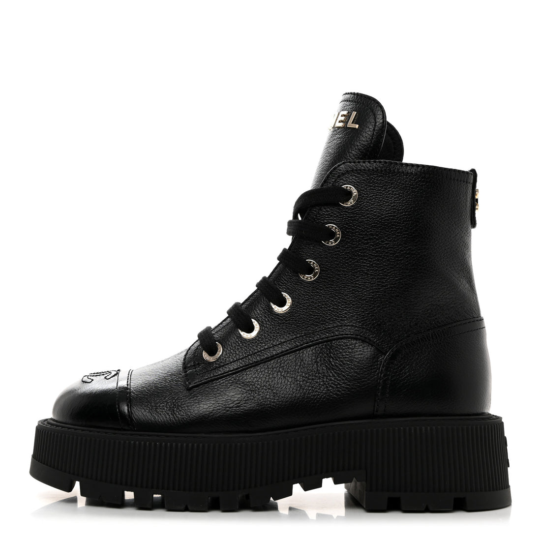 Grained Calfskin Shiny Calfskin Lace Up Combat Boots Black