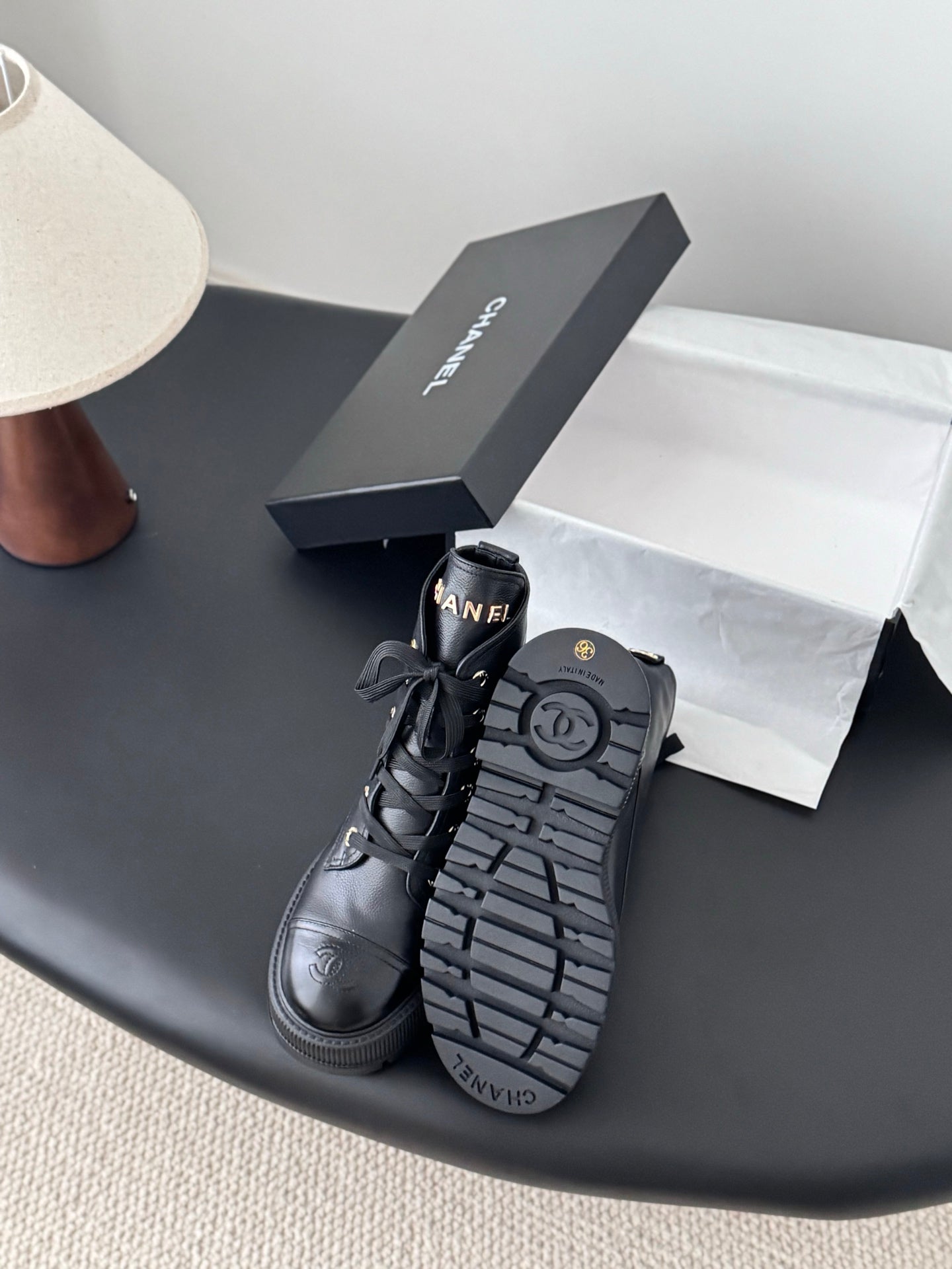 Grained Calfskin Shiny Calfskin Lace Up Combat Boots Black