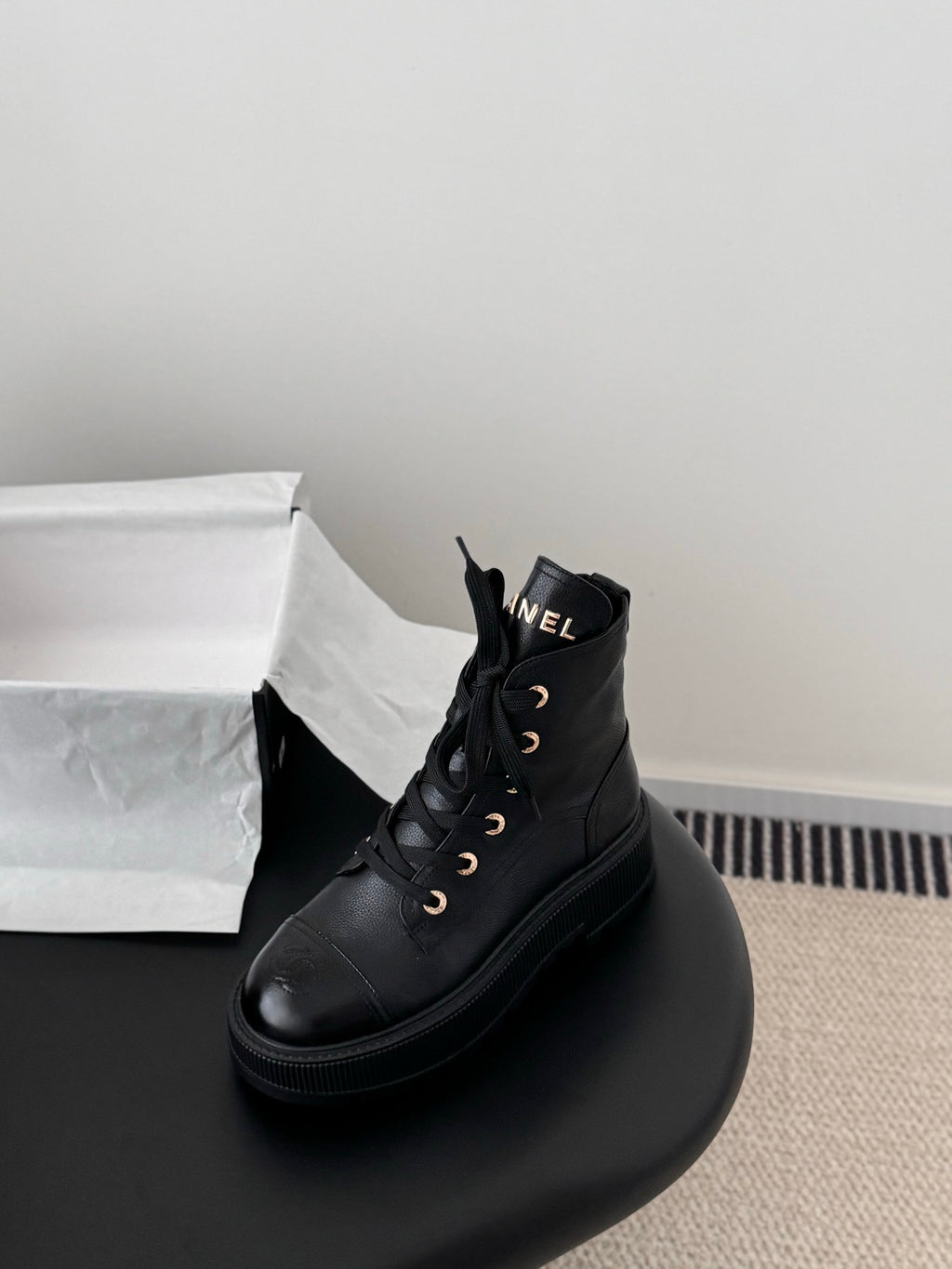 Grained Calfskin Shiny Calfskin Lace Up Combat Boots Black